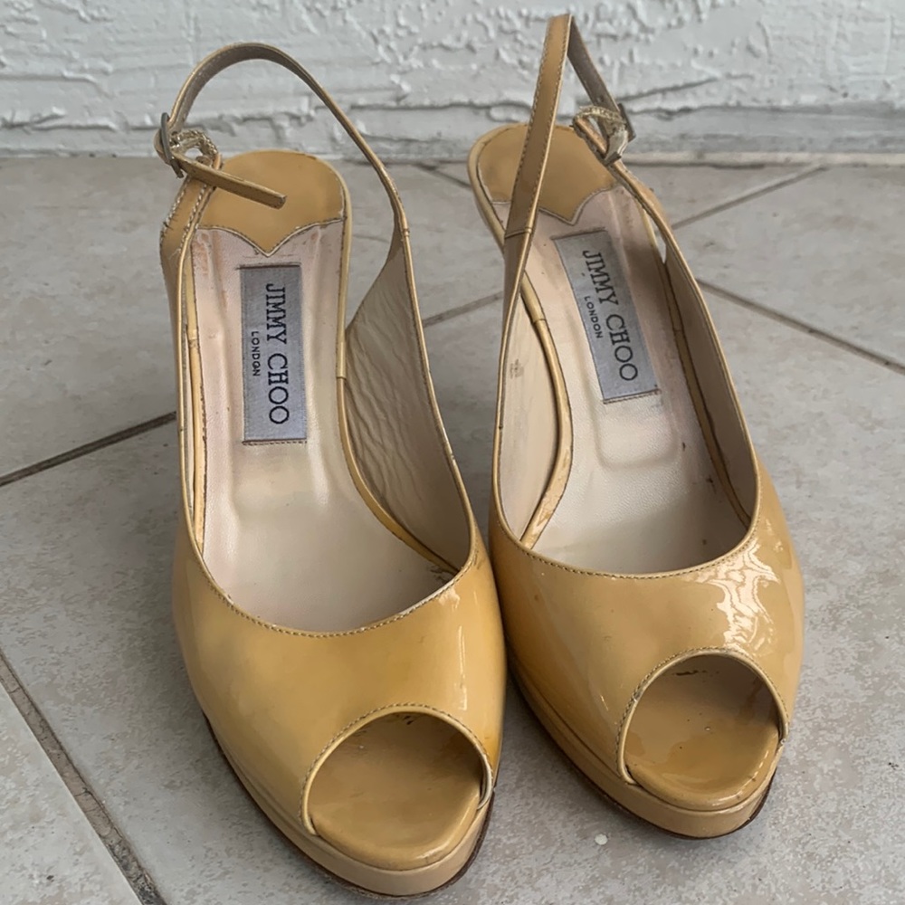 Jimmy Choo Nude Patent Leather Peep-toe Platform Sandal GWP🎁